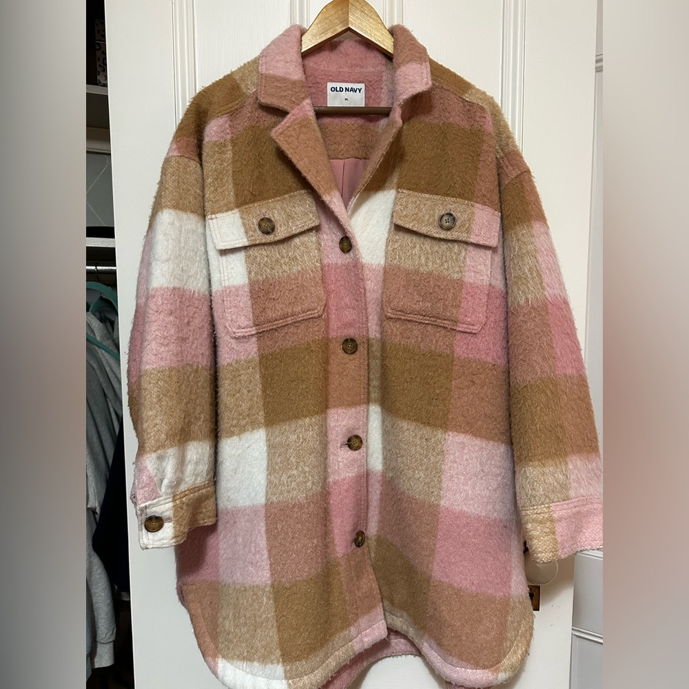 Old Navy Pink Plaid Wool Blend Coat Women’s XL Oversized